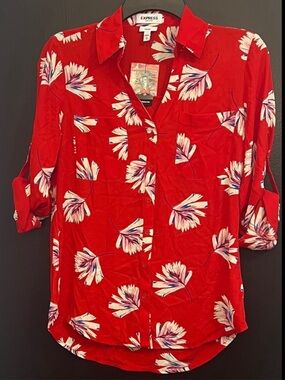 EXPRESS Portofino Red Floral Button-Up Blouse